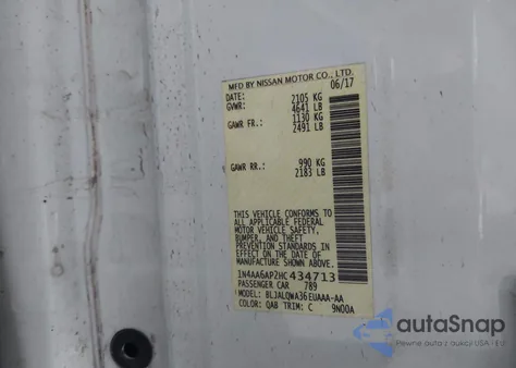 2017 Nissan Maxima 3.5 S z USA, uszkodzony, nr VIN 1N4AA6AP2HC434713